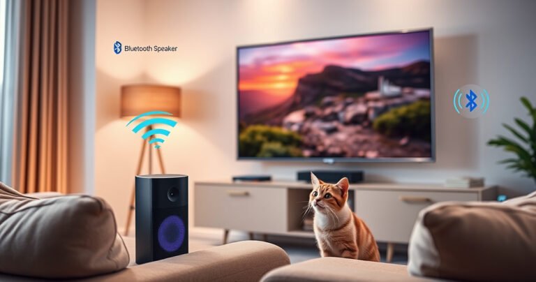 A sleek Vizio TV displaying a vibrant scene, with a stylish Bluetooth speaker beside it, emitting colorful sound waves. The living room is modern and cozy, featuring plush furniture and warm lighting, while a curious cat watches intently. Infographics about Bluetooth connectivity float around, creating an engaging atmosphere of technology and comfort.