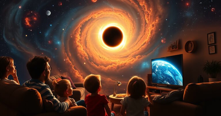 A vibrant, swirling cosmos filled with stars and a glowing eclipse casting a shadow over Earth, showing a family gathered in a cozy living room, eyes glued to the TV screen displaying the stunning celestial event, with excitement and wonder reflected on their faces, surrounded by snacks and eclipse-themed decorations.