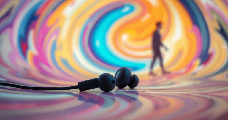 A close-up of a pair of sleek earbuds resting on a vibrant, swirling background of abstract shapes and colors, symbolizing dizziness and motion. Soft light casts a glow on the earbuds, while faint outlines of a person experiencing vertigo emerge in the background, adding a sense of intrigue and urgency to the scene.