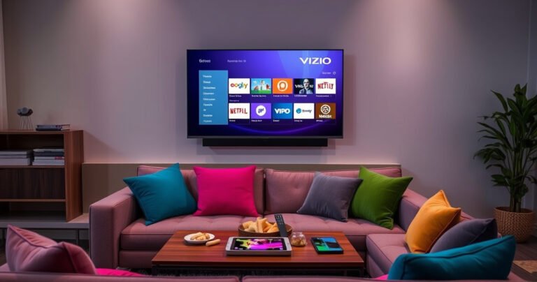A modern living room featuring a sleek Vizio Smart TV on a stylish wall mount, displaying colorful app icons. A cozy sofa with vibrant cushions sits in front, alongside a coffee table scattered with a remote, snacks, and a tablet. Soft ambient lighting enhances the inviting atmosphere, suggesting a relaxed tech-savvy space perfect for entertainment.