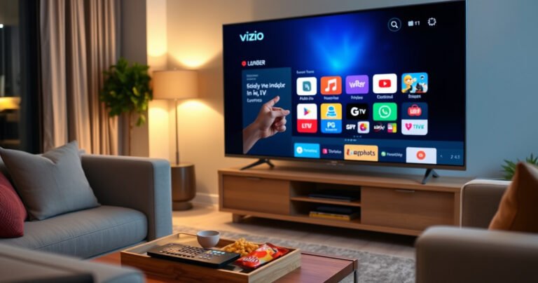 A sleek Vizio Smart TV glowing in a modern living room, surrounded by cozy furniture. The screen displays colorful app icons, with a hand reaching out to select one. Soft ambient lighting creates a warm atmosphere, while a coffee table holds a remote and snacks, capturing the essence of home entertainment and technology.