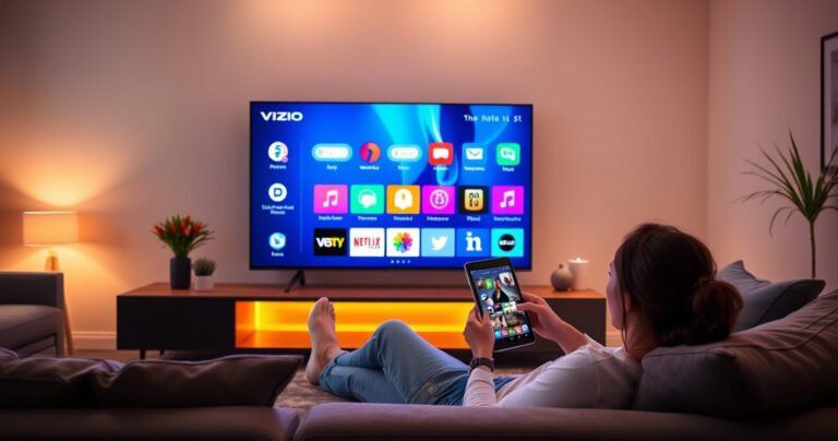 A sleek Vizio Smart TV displayed in a stylish living room, vibrant app icons glowing on the screen, a person lounging on a modern couch, tablet in hand, exploring app options, warm ambient lighting, contemporary decor, a cozy atmosphere, with a hint of excitement in the air about enhancing the home entertainment experience.