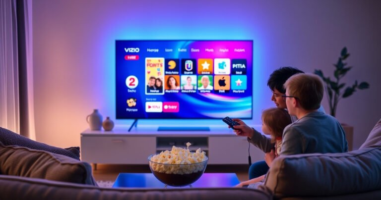 A sleek Vizio TV with a vibrant home screen displaying various app icons, surrounded by a cozy living room setting. Soft ambient lighting enhances the modern decor, with a comfy sofa in the foreground and a bowl of popcorn on a stylish coffee table. A curious family member examines the remote, intrigued by the possibilities.