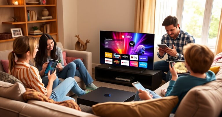 A cozy living room scene with a modern Fire TV displaying vibrant AirPlay graphics, surrounded by a stylish couch and colorful cushions. A family happily gathers around, using various devices like an iPhone and an iPad, while warm light filters through a window, creating an inviting atmosphere perfect for tech-savvy entertainment.