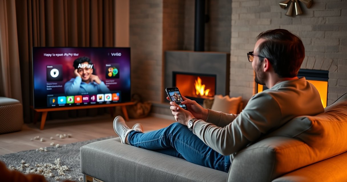 A cozy living room with a sleek Vizio TV displaying a vibrant AirPlay interface, a couple sitting on a plush sofa, smiling as they effortlessly mirror their phone screen, warm lighting casting a welcoming glow, scattered popcorn and a glowing fireplace in the background, emphasizing the comfort of modern technology in a homely setting.