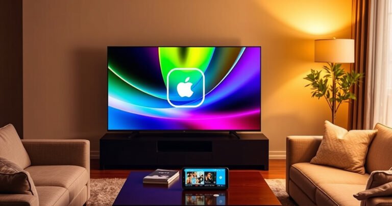 A sleek Vizio TV displaying a vibrant screen with an AirPlay symbol, surrounded by a cozy living room setting featuring a plush sofa, ambient lighting, and a stylish coffee table with a smartphone streaming content, all portrayed in warm, inviting colors that suggest ease of use and modern technology integration.