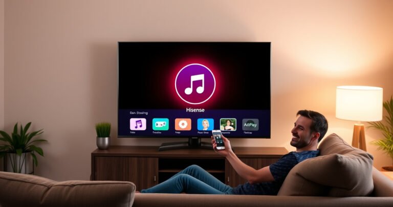 A cozy living room scene featuring a sleek Hisense TV displaying an AirPlay icon, surrounded by warm light from a table lamp. A person is comfortably seated on a stylish couch, holding a smartphone, with a content expression as they connect wirelessly. Modern decor and a hint of greenery enhance the inviting atmosphere.