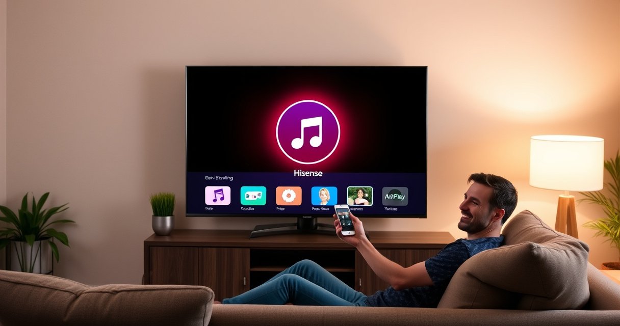 A cozy living room scene featuring a sleek Hisense TV displaying an AirPlay icon, surrounded by warm light from a table lamp. A person is comfortably seated on a stylish couch, holding a smartphone, with a content expression as they connect wirelessly. Modern decor and a hint of greenery enhance the inviting atmosphere.