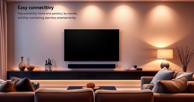 A sleek modern living room featuring a large flat-screen TV mounted on the wall, accompanied by a stylish soundbar positioned elegantly below. Soft ambient lighting casts a warm glow, illuminating plush furniture and decorative elements. The scene conveys an inviting atmosphere, perfect for enjoying movies, with an emphasis on easy connectivity and a seamless entertainment experience.