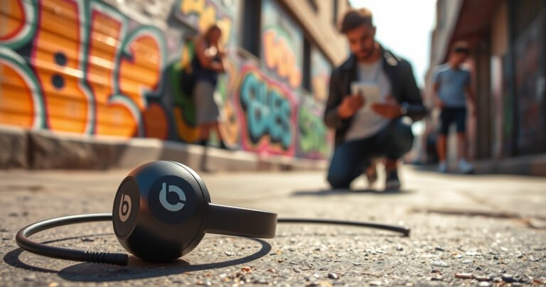 A sleek Beats earbud resting on a vibrant, urban street with colorful graffiti in the background, sunlight glinting off its glossy surface. Nearby, a curious passerby examines a price tag, reflecting a blend of street culture and modern technology. The scene captures the essence of desire and accessibility in contemporary music life.