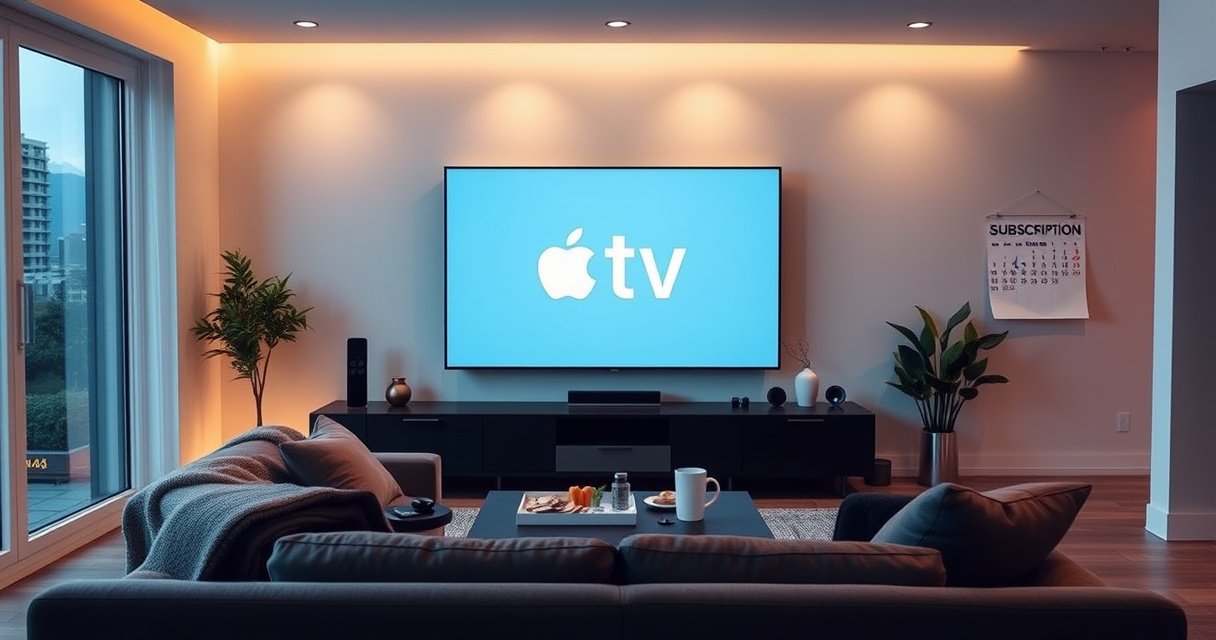 A sleek, modern living room with a large TV displaying the Apple TV logo. A cozy couch with a blanket, snacks on a coffee table, and a remote control in hand. Soft ambient lighting creates a relaxed atmosphere, while a calendar on the wall marks the end of a subscription, hinting at the theme of cancellation.