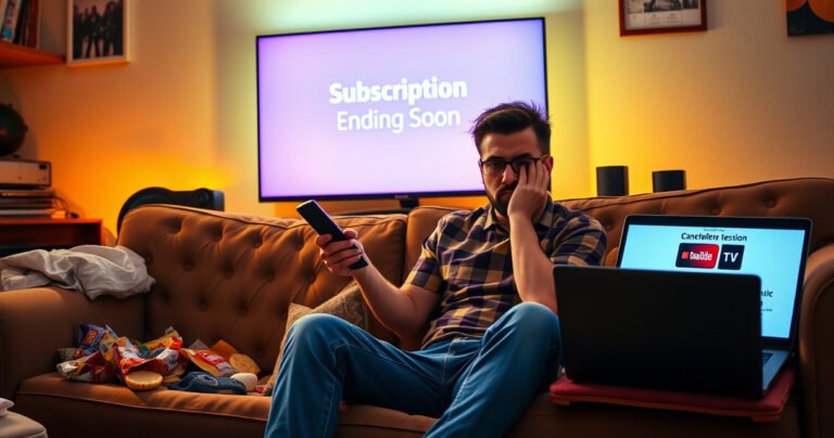 A frustrated person sitting on a couch surrounded by streaming devices, holding a remote control, with a glowing TV screen displaying a "Subscription Ending Soon" message. The room is cluttered with snacks, and a laptop shows a YouTube TV cancellation page, casting a warm glow that contrasts with the person's anxious expression.