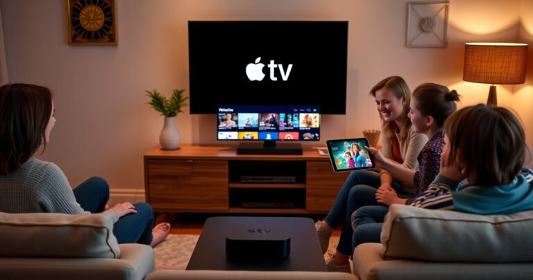 A cozy living room featuring a sleek Apple TV on a modern entertainment unit, surrounded by soft lighting. A family joyfully engaging with a tablet, casting content to the screen, with colorful visuals displaying on the TV. Plush sofas and warm decor create an inviting atmosphere, symbolizing connection and entertainment at home.