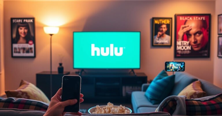 A cozy living room bathed in warm light, featuring a sleek smart TV displaying the Hulu logo. A comfortable couch with colorful throw pillows, popcorn in a bowl, and a smartphone in hand, casting content effortlessly. The walls adorned with framed movie posters, creating an inviting atmosphere perfect for streaming.