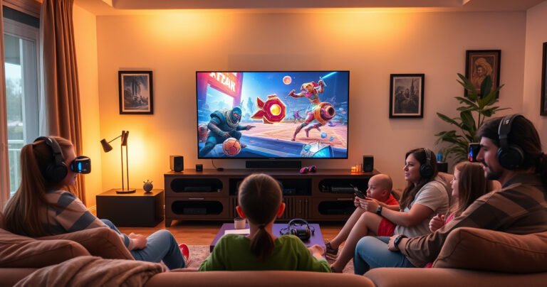 A cozy living room with a large flat-screen TV displaying vibrant 3D graphics from a Meta Quest 3 headset, a family gathered around the couch, excitement on their faces, colorful gaming accessories scattered around, warm lighting creating an inviting atmosphere, and a hint of futuristic technology subtly integrated into the decor.