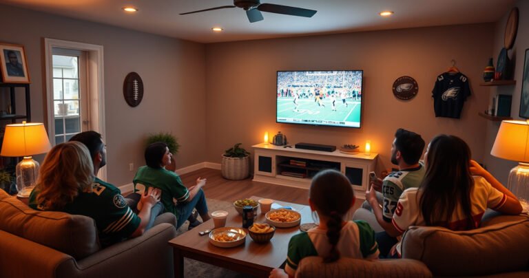 A cozy living room with a large flat-screen TV displaying an exciting NFL game, a family gathered on a couch, dressed in team jerseys, snacks on the coffee table, a remote in hand, warm lighting creating a welcoming atmosphere, and a football-themed decor enhancing the excitement of game day.