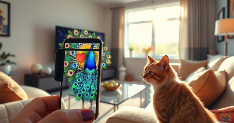 A vibrant living room scene featuring a sleek iPhone casting a colorful peacock-themed display onto a large flat-screen TV. The room is cozy, adorned with plush cushions, a stylish coffee table, and ambient lighting, while a curious cat watches the screen intently. A window reveals a bright, sunny day outside, adding warmth to the atmosphere.