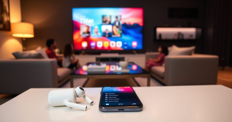 A sleek, modern living room featuring a large smart TV displaying a vibrant home screen. In the foreground, a pair of white AirPods rests on a stylish coffee table beside a smartphone, glowing with Bluetooth settings. Warm ambient lighting creates a cozy atmosphere, while a family enjoys a movie night, connected and engaged.