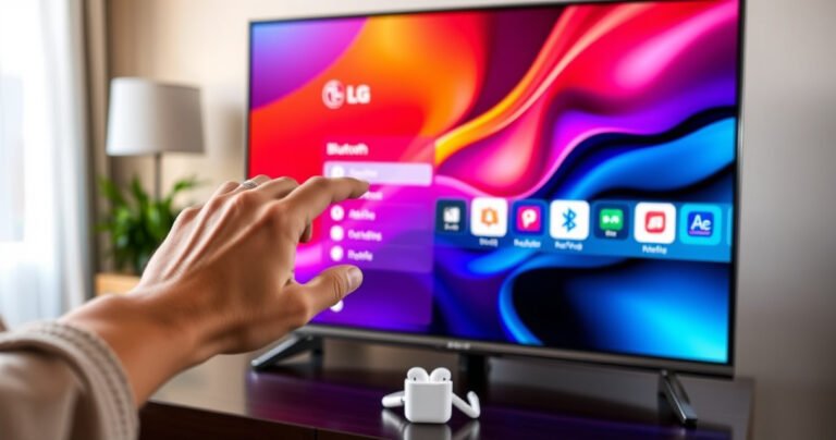 A sleek LG TV displaying vibrant colors on the screen, with a pair of white AirPods resting beside it. A hand reaches towards the TV's interface, showcasing a Bluetooth connection menu. The background features a cozy living room setting, with soft lighting, a comfortable couch, and a coffee table, creating a warm and inviting atmosphere.