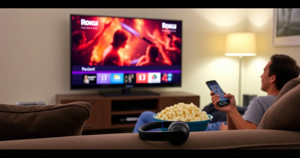 A cozy living room scene featuring a Roku TV playing a vibrant movie, with a pair of sleek Bluetooth headphones resting on the couch. Soft ambient lighting highlights a bowl of popcorn nearby, while a user sits comfortably, smartphone in hand, ready to connect. The atmosphere is inviting, showcasing modern technology seamlessly integrated into daily life.