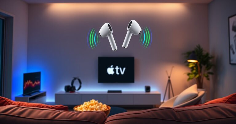A sleek living room featuring a modern Apple TV, two pairs of stylish AirPods floating in mid-air, surrounded by colorful sound waves. Soft lighting casts a warm glow, highlighting a cozy couch with a bowl of popcorn and an inviting atmosphere, perfect for a movie night. A digital connection symbol hovers nearby, emphasizing the tech theme.