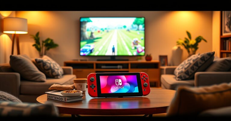 A cozy living room scene featuring a Nintendo Switch Lite on a stylish coffee table, vibrant colors emanating from the screen, surrounded by plush cushions and snacks, with a large TV in the background showing a game in action. Warm lighting casts a welcoming glow, inviting viewers to explore gaming possibilities.