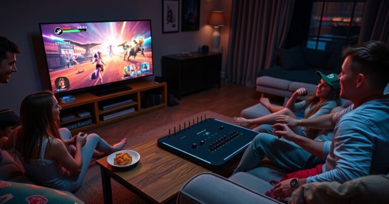 A cozy living room scene showcasing a Steam Deck connected to a large flat-screen TV, vibrant game graphics illuminating the screen. A comfortable couch with colorful cushions, snacks on a wooden coffee table, and dim ambient lighting creating an inviting atmosphere. A person joyfully playing, immersed in the gaming experience, surrounded by friends.
