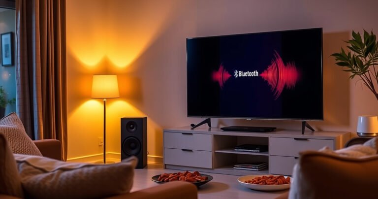 A cozy living room scene featuring a modern smart TV displaying a Bluetooth connection screen, next to a stylish Bluetooth speaker emitting soft, colorful sound waves. Warm lighting casts a relaxed ambiance, with plush furniture and a coffee table adorned with snacks, creating a welcoming atmosphere for a movie night.