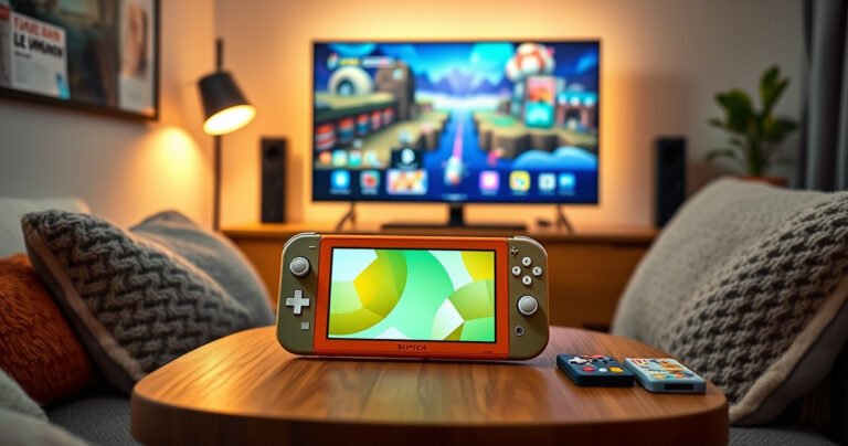 A cozy gaming corner featuring a vibrant Nintendo Switch Lite on a wooden table, with a sleek TV in the background displaying colorful gameplay. Soft ambient lighting creates a warm atmosphere, while plush cushions and game cartridges are scattered around, inviting viewers to dive into the world of gaming.