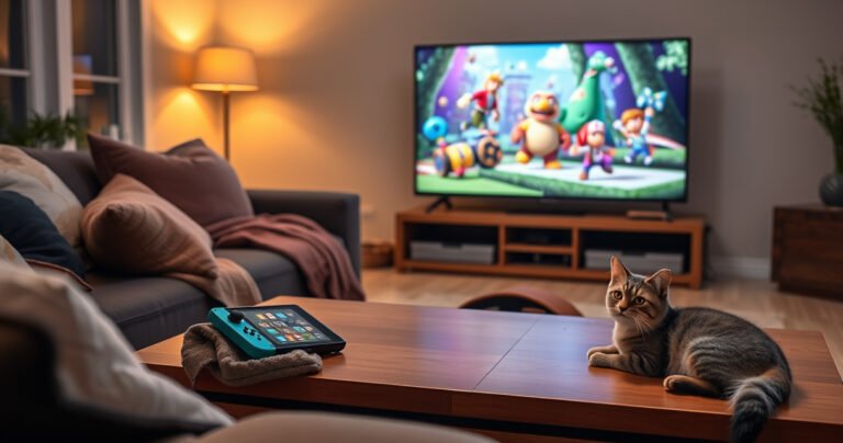A cozy living room scene featuring a Nintendo Switch Lite on a stylish coffee table, with vibrant game characters projected onto a large TV screen. Soft lighting illuminates plush cushions and a warm throw blanket, while a playful cat lounges nearby, captivated by the colorful display, creating a perfect blend of gaming and relaxation.