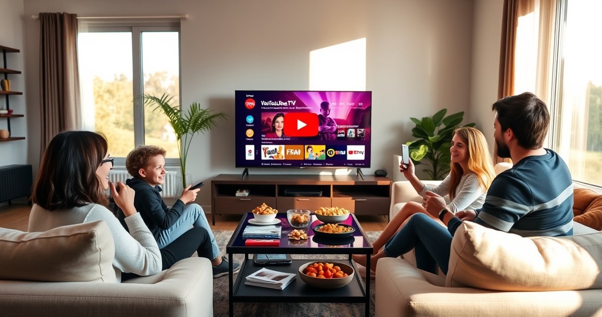 A modern living room with a sleek smart TV displaying the YouTube TV interface, surrounded by plush couches and snack-filled tables. A family of four excitedly gathers, remote in hand, as vibrant colors from the screen illuminate their faces. Sunlight streams through large windows, casting warm shadows and creating a cozy, inviting atmosphere.