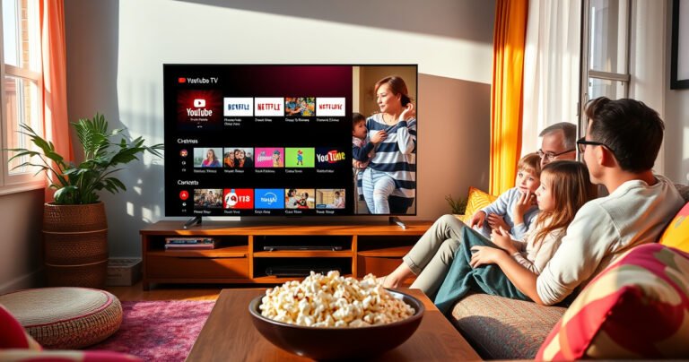 A vibrant living room scene with a large flat-screen TV displaying a split screen: one half showing YouTube TV’s interface with various channels, the other half featuring a cozy family watching attentively. Sunlight streams through a window, casting warm hues on colorful cushions, and a bowl of popcorn rests on the coffee table, inviting and lively atmosphere.