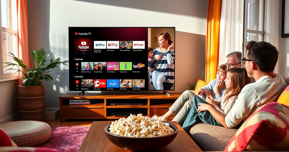 A vibrant living room scene with a large flat-screen TV displaying a split screen: one half showing YouTube TV’s interface with various channels, the other half featuring a cozy family watching attentively. Sunlight streams through a window, casting warm hues on colorful cushions, and a bowl of popcorn rests on the coffee table, inviting and lively atmosphere.