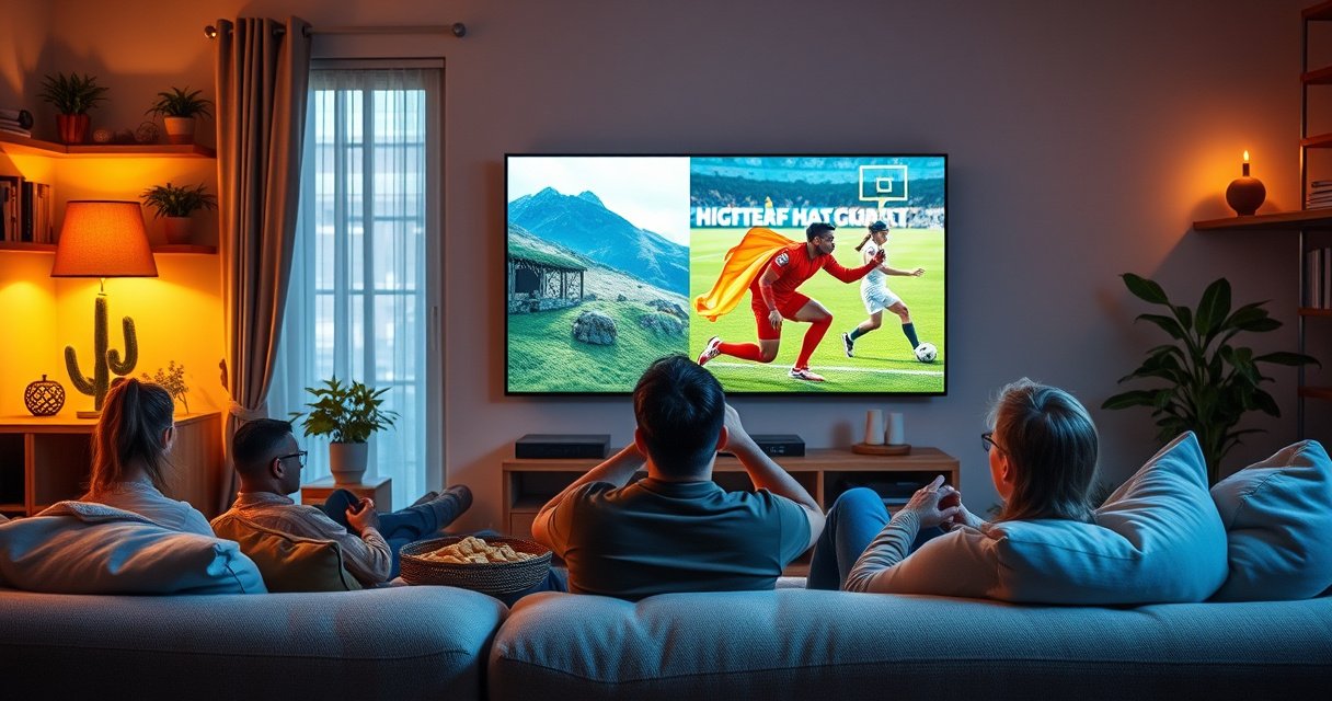 A cozy living room scene with a large TV displaying content in picture-in-picture mode, showcasing a vibrant nature documentary and a sports game. A relaxed viewer sits on a plush sofa, snacks scattered around, warm lighting enhances the inviting atmosphere, framed by homey decor like plants and bookshelves, evoking a sense of modern entertainment.