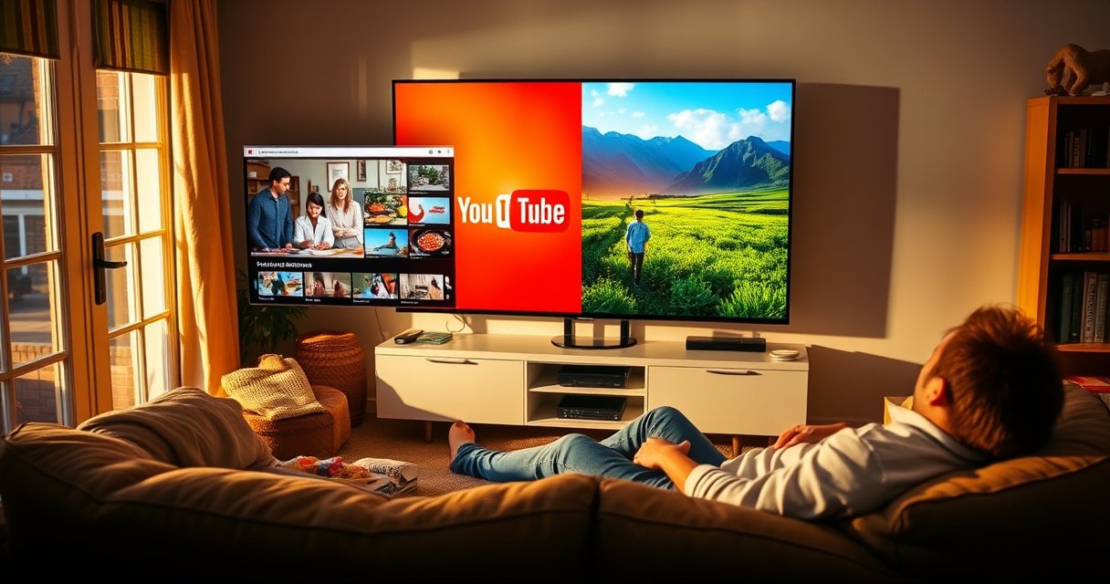 A cozy living room with a large flat-screen TV showing a vibrant YouTube TV interface, featuring a split-screen displaying a cooking show on one side and a scenic nature video on the other. A person lounges on a plush sofa, snacks scattered around, with warm light streaming through a window, creating a relaxed, inviting atmosphere.