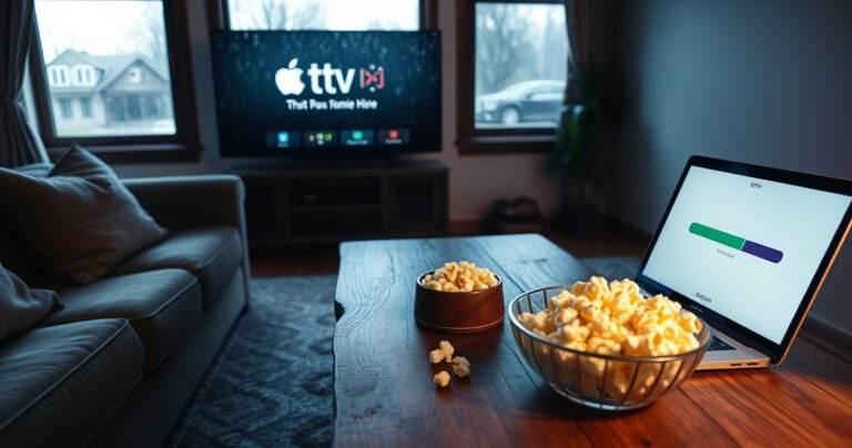 A cozy living room with a plush couch, soft lighting, and a large screen displaying an Apple TV interface. A bowl of popcorn sits on a rustic coffee table, while a laptop shows a download progress bar. Outside the window, a rainy day creates a warm, inviting atmosphere for indoor movie watching.