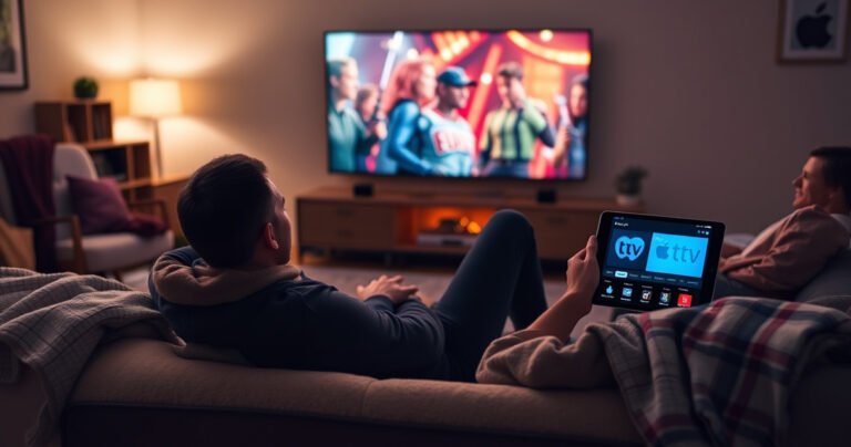 A person sitting comfortably on a plush sofa, illuminated by the soft glow of a large TV screen displaying a vibrant movie scene, surrounded by a cozy living room filled with popcorn, blankets, and a tablet showing the Apple TV app, evoking a sense of relaxation and entertainment.