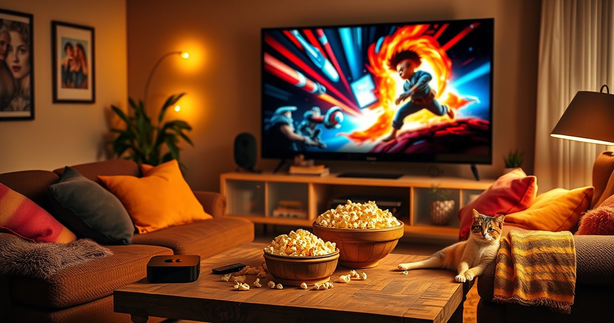 A cozy living room scene featuring a sleek Apple TV, a plush couch adorned with colorful cushions, and a large screen displaying a vibrant movie poster. Soft golden lighting creates a warm atmosphere, while a bowl of popcorn sits on a rustic coffee table. A whimsical cat lounges nearby, adding a touch of homey charm.