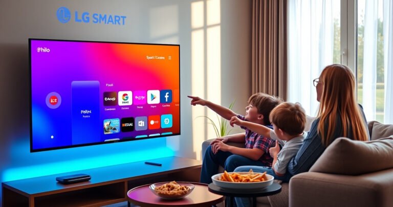 A sleek LG Smart TV glowing with vibrant colors in a modern living room, displaying the Philo app interface. A family sits on a cozy couch, excitedly pointing at the screen. Sunlight streams through the window, illuminating snacks on a side table, creating a warm, inviting atmosphere perfect for streaming.
