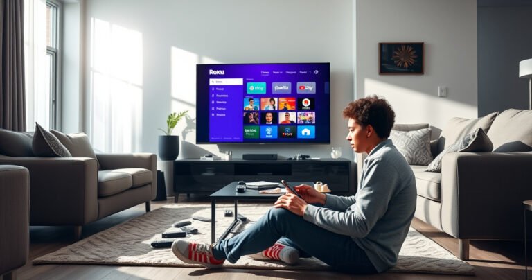 A sleek modern living room featuring a large smart TV displaying the Roku interface, surrounded by cozy furniture. Sunlight streams through the window, illuminating a coffee table cluttered with remote controls and snacks. A person sits cross-legged on the floor, curiously exploring their device, with a look of excitement and intrigue on their face.