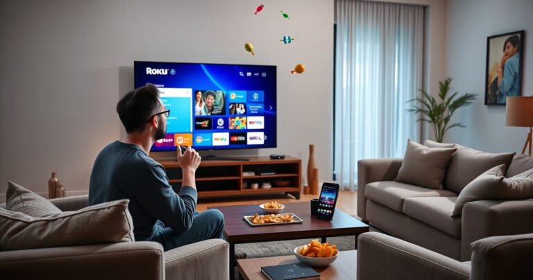 A sleek modern living room featuring a large smart TV displaying the Roku interface, surrounded by cozy furniture. A curious person is holding a remote, contemplating, with colorful streaming icons floating around. Soft natural light filters through the window, highlighting a coffee table with snacks and a smartphone displaying a tutorial.