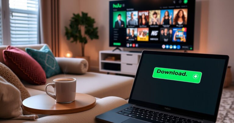 A cozy living room scene with a plush couch, a steaming mug of coffee on a side table, and a large TV screen displaying colorful Hulu show thumbnails. Soft, warm lighting creates a welcoming atmosphere, while a laptop open nearby shows a "Download" button highlighted in bright green, inviting curiosity and engagement.