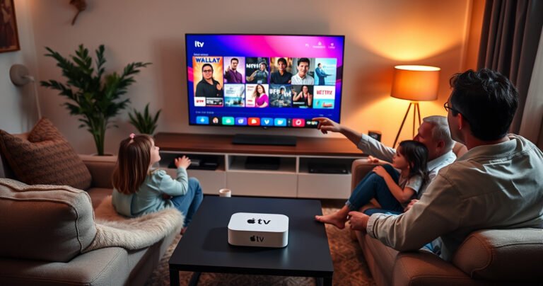 A cozy living room scene featuring a sleek Apple TV on a modern entertainment unit, surrounded by plush sofas and warm ambient lighting. A family is gathered, engaged in a lively discussion while pointing at the TV screen displaying vibrant streaming apps. Soft shadows and a touch of tech decor create an inviting atmosphere.