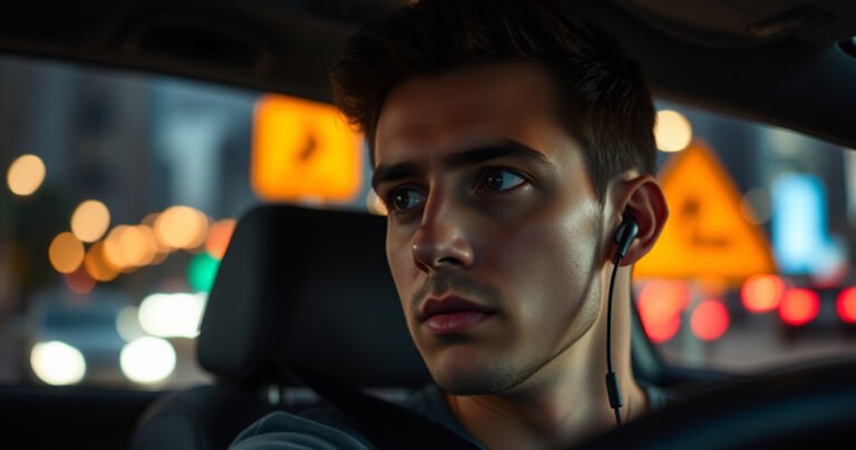 A close-up of a driver with earbuds in, looking focused yet distracted, surrounded by a blurred urban landscape. Bright city lights reflect off the car windows, while a subtle, cautionary road sign flickers in the background. Emphasize tension between convenience and safety, capturing the essence of modern driving dilemmas.