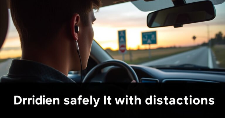 A close-up of a car's interior showcasing a driver wearing sleek earbuds, with a slight focus on the earbud's connection to a smartphone. The dashboard reflects a serene sunset outside, while road signs hint at safety. A subtle sense of tension conveys the balance between convenience and caution, emphasizing the theme of driving safely with distractions.