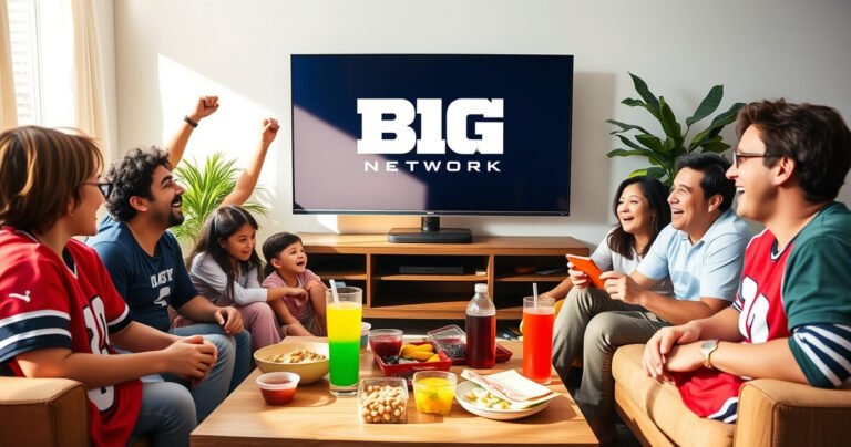 A vibrant living room scene featuring an excited family gathered around a large TV, displaying the Big Ten Network logo. Colorful snacks and drinks are scattered on a coffee table, with team jerseys draped over the couch. Sunlight streams in through a window, highlighting the joyful atmosphere of sports excitement and unity.