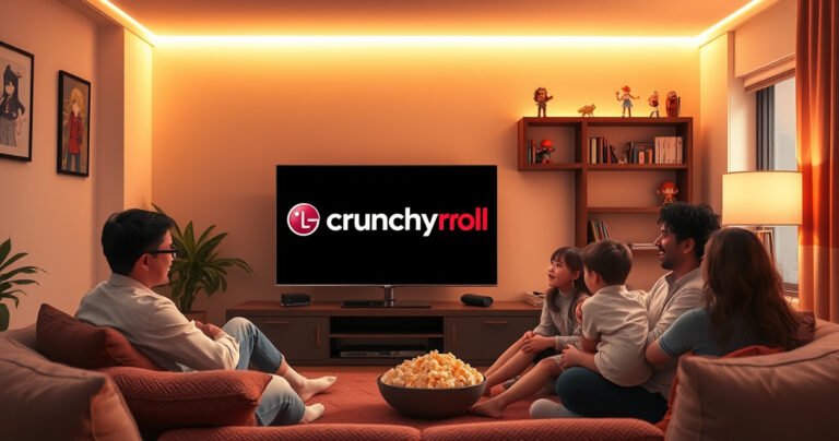 A cozy living room featuring a sleek LG Smart TV displaying the Crunchyroll logo, surrounded by plush cushions and a bowl of popcorn. Warm ambient lighting casts a welcoming glow, while a shelf filled with anime figurines adds character. A family sits together, excitedly discussing their favorite shows, embodying the joy of streaming anime at home.