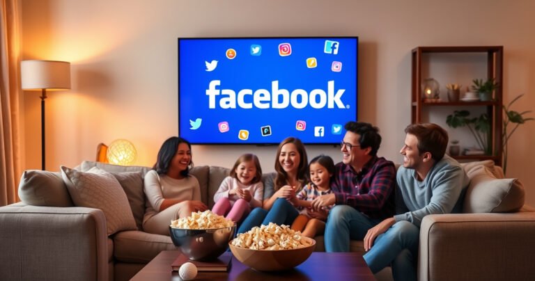 A cozy living room with a large smart TV displaying the Facebook logo, vibrant social media icons floating around. A family gathers on a plush couch, smiling and interacting with the screen. Warm ambient lighting casts a welcoming glow, and a bowl of popcorn sits on a coffee table, enhancing the relaxed atmosphere.