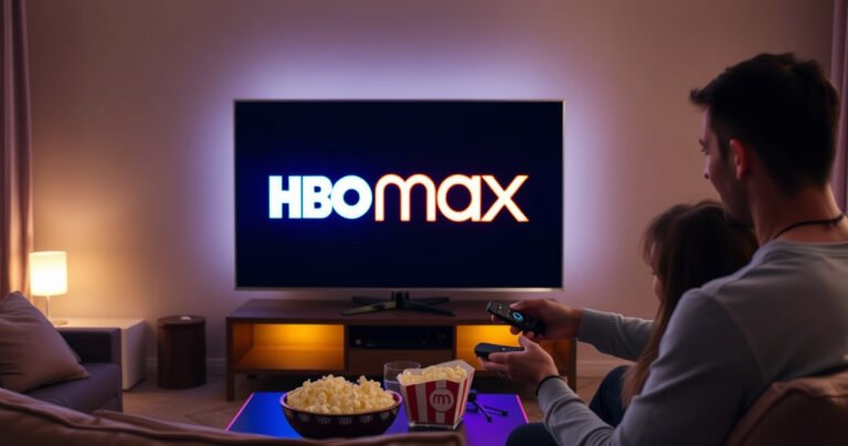 A sleek modern Samsung TV glowing in a cozy living room, displaying the vibrant HBO Max logo. Soft ambient lighting reflects off the TV screen, while a bowl of popcorn sits on a stylish coffee table. A person adjusts the remote, excitement in their eyes, surrounded by plush cushions and a warm, inviting atmosphere.