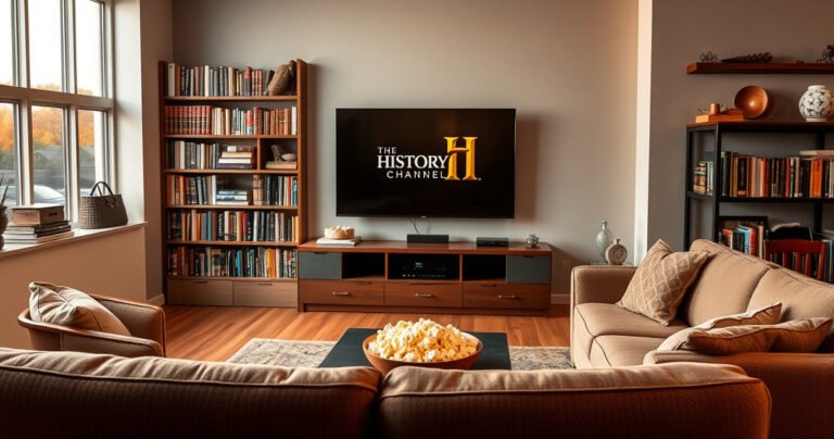 A modern living room with a cozy sofa facing a large flat-screen TV displaying the History Channel logo. A bookshelf filled with historical books and artifacts lines the wall, while a window shows a vibrant sunset. A bowl of popcorn sits on a coffee table, inviting viewers into the world of history and entertainment.
